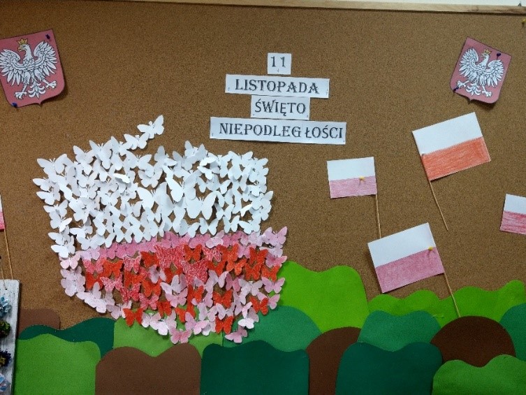 zdjęcie ukazuje mapę polski wykonaną z motyli biało czerwonych